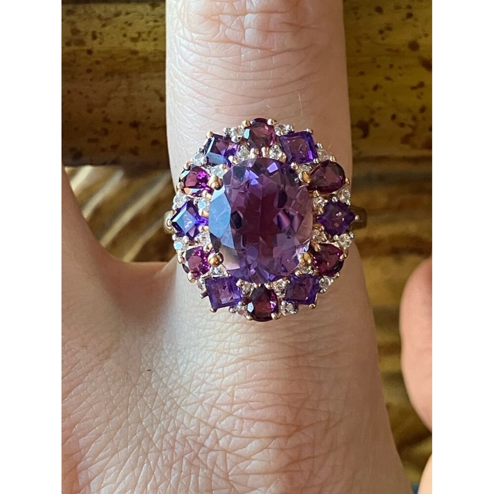 Natural Rose De France Amethyst Garnet Sterling Silver Cocktail Ring Size 7